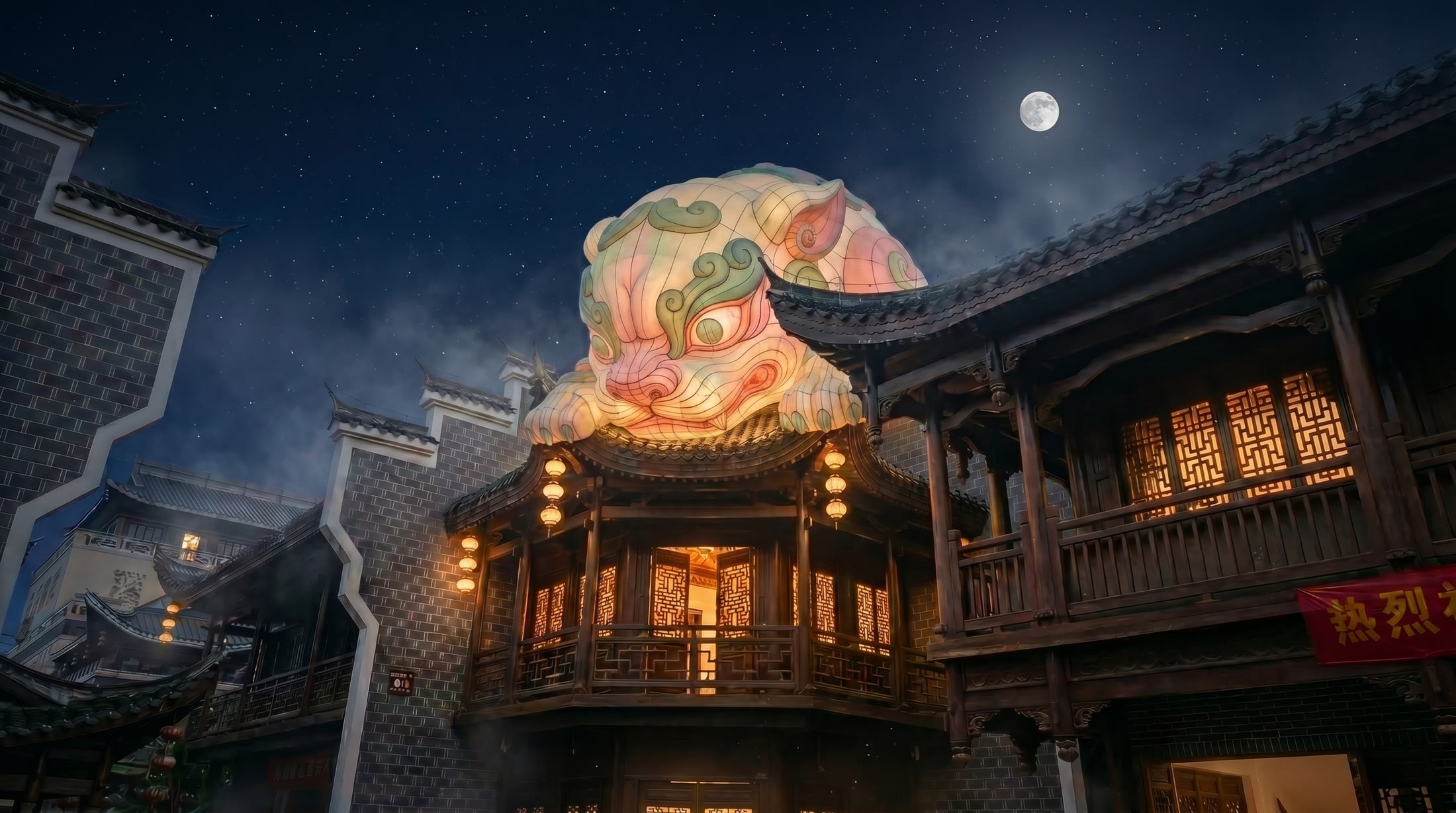神兽灯彩装置在大庸古城建筑屋顶的夜景效果图